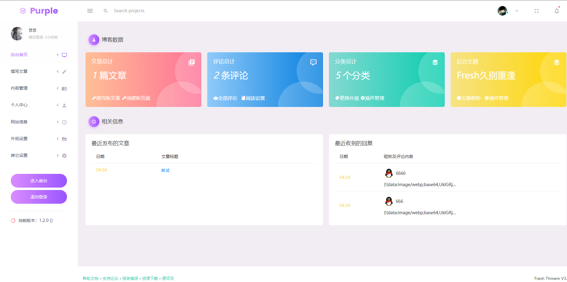 typecho主题后台模板Fresh美化版-优诺-小站